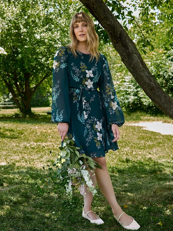 Floral Print Chiffon Fit & Flare Mini Dress Fashionable Lace-Trim Mini Dress