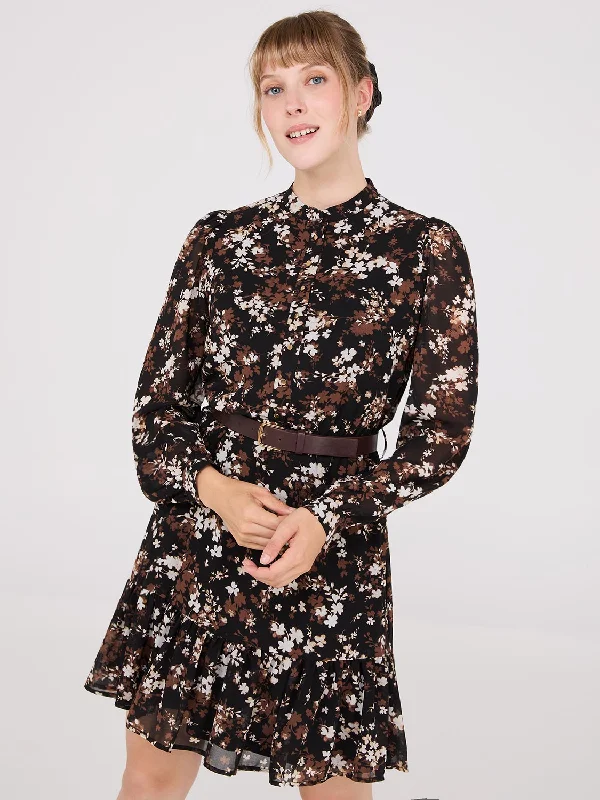 Floral Print Chiffon Fit & Flare Mini Dress Trendy Crossover Mini Dress
