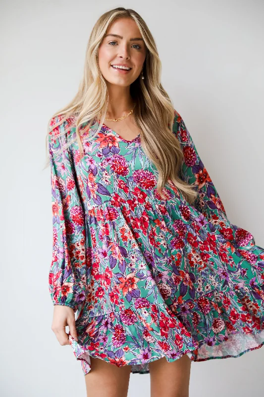 FINAL SALE - Adored Entrance Green Floral Babydoll Mini Dress Fashionable Pleated Mini Dress FINAL SALE - Adored Entrance Green Floral Babydoll Mini Dress Fashionable Pleated Mini Dress