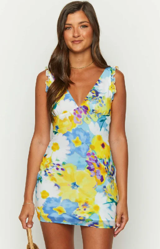 Albie Blue Floral Mini Dress Elegant Mini Dress with Pleats
