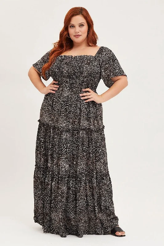 Animal Print Maxi Dress Square Neck Short Sleeve Elegant Maxi Dress with Ruffles