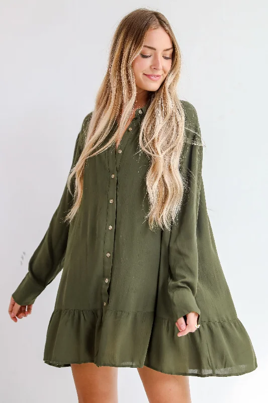 Approachably Adorable Olive Button Front Mini Dress Fashionable Lace Mini Dress