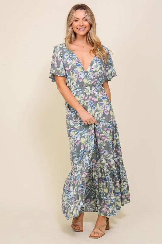Floral Flutter Sleeve Maxi Dress Fashionable Chiffon Maxi Dress
