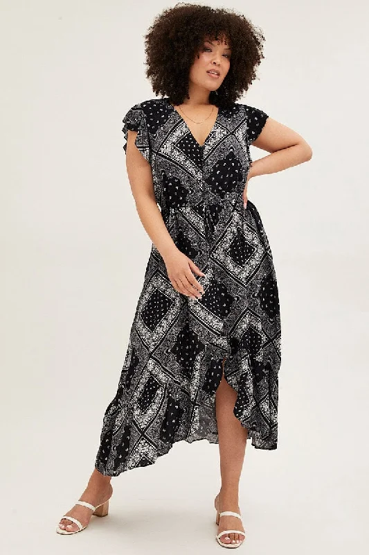 Black Boho Maxi Dress Bandana Button Front High Low Trendy Button Front Maxi Dress