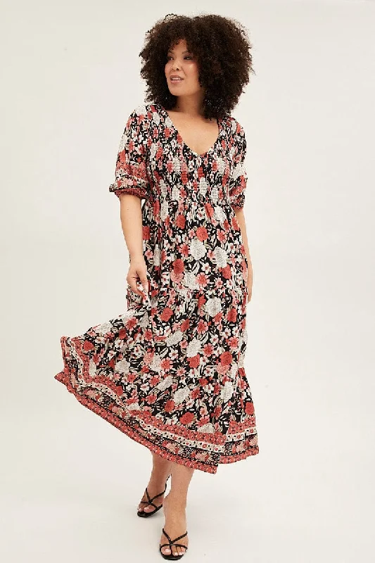 Black Boho Maxi Dress Short Sleeve V-neck Shirred Comfortable Long-Sleeve Maxi Dress