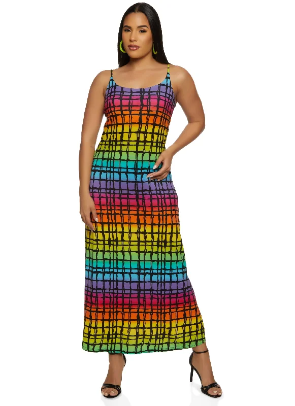 Grid Print Cami Maxi Dress Fashionable Maxi Dress with Fringe