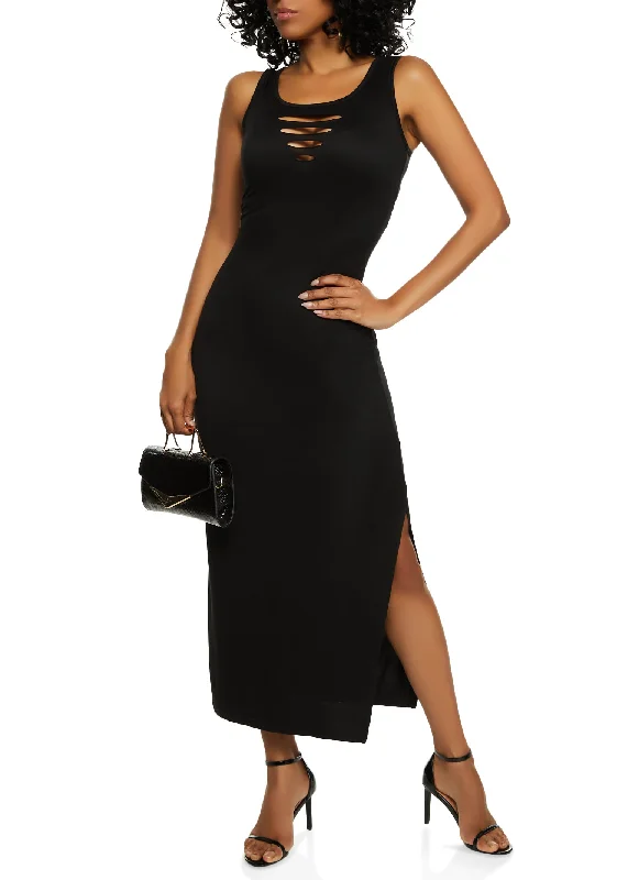 Laser Cut Front Side Slit Tank Maxi Dress Elegant Boho Maxi Dress