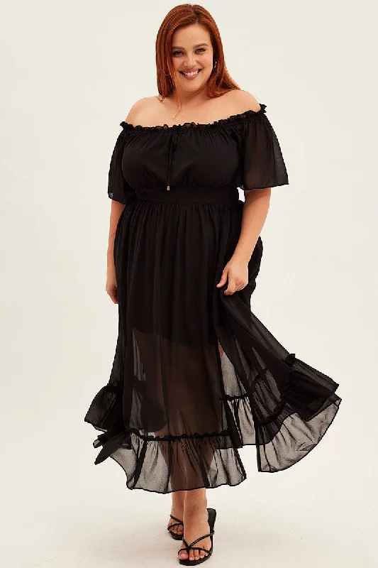 Black Maxi Dress Off Shoulder Chiffon Elegant Silk Maxi Dress