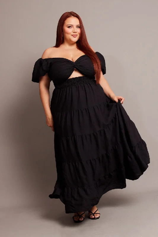 Black Maxi Dress Short Sleeve Twist Front Trendy Satin Maxi Dress