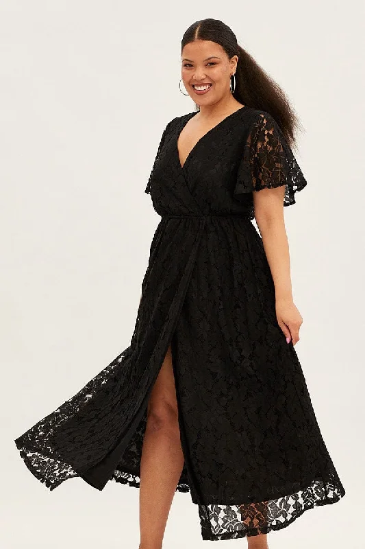 Black Maxi Dress Short Sleeve V-neck Lace Comfortable Pleated Maxi Dress