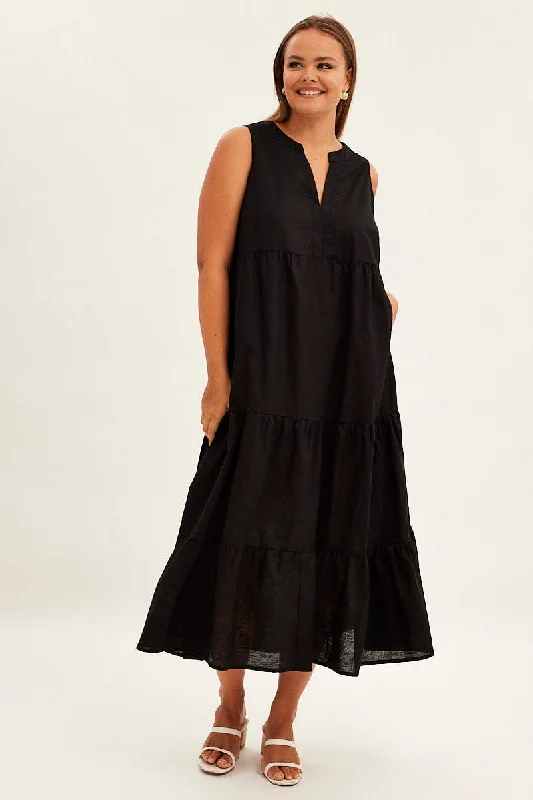 Black Maxi Dress Sleeveless Tiered Linen Blend Cozy Cold-Shoulder Maxi Dress