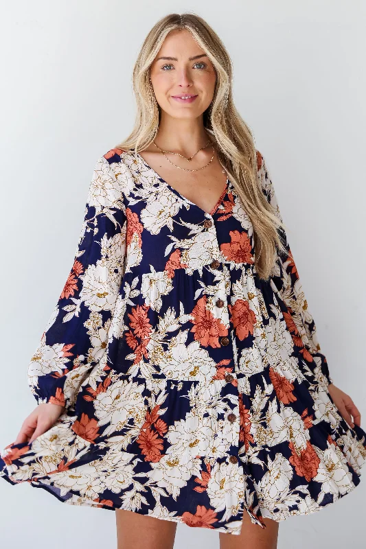FINAL SALE - Blissful Poise Navy Floral Tiered Mini Dress Trendy Bodycon Mini Dress