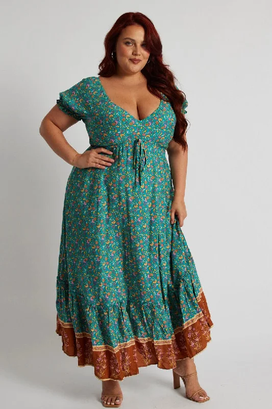 Blue Boho Maxi Dress Short Sleeve Tie Front Frill Hem Elegant Lace-Up Maxi Dress