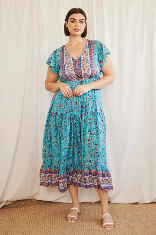 Blue Boho Maxi Dress Short Sleeve V-neck Tiered Elegant Lace-Up Maxi Dress