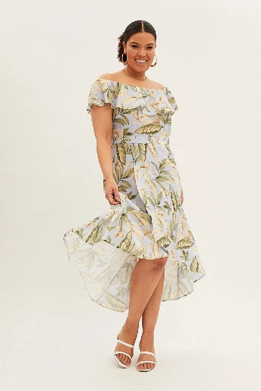 Blue Floral Maxi Dress Off Shoulder Crepe Trendy Fit-and-Flare Maxi Dress