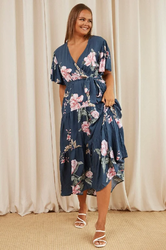 Blue Floral Maxi Dress Short Sleeve Wrap Front Tiered Fashionable High-Waist Maxi Dress