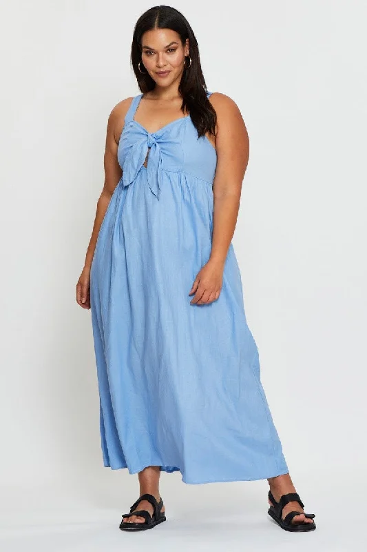 Blue Maxi Dress Sleeveless Tie Front Fashionable Chiffon Tiered Maxi Dress