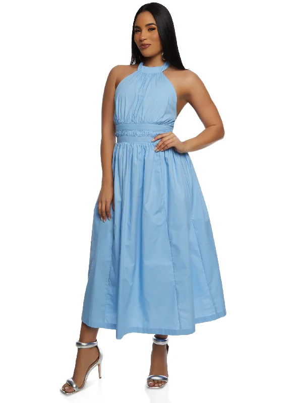 Poplin Tie Back Halter Neck Maxi Dress Trendy Floral Print Maxi Dress