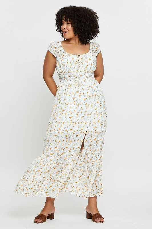 Boho Print Maxi Dress Scoop Neck Short Sleeve Fashionable Chiffon Maxi Dress