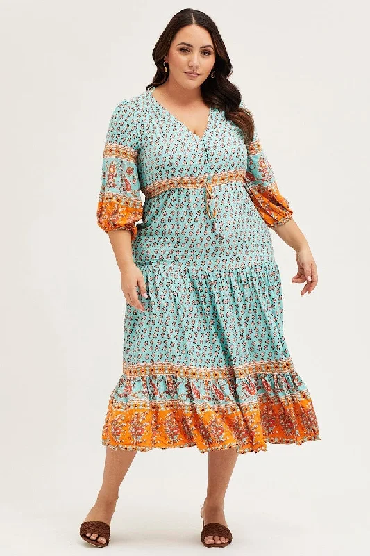 Boho Print Maxi Dress V-neck Long Sleeve Trendy Maxi Dress with Lace