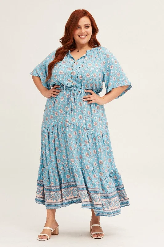 Boho Print Peasant Maxi Dress Short Sleeve Round Neck Stylish Off-Shoulder Maxi Dress