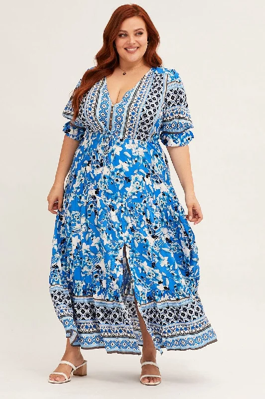 Boho Print Short Bubble Sleeve Boho Print Maxi Dress Fashionable Maxi Dress with Fringe