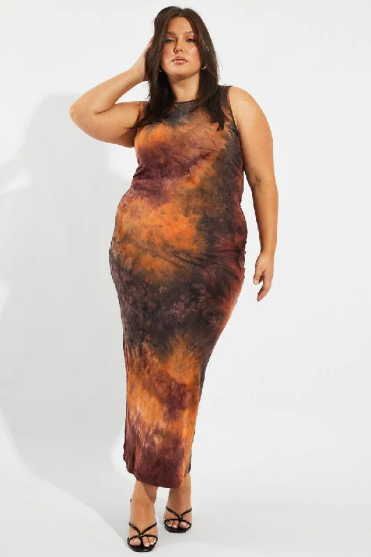 Brown Abstract Maxi Dress Sleeveless Jersey Fashionable Asymmetrical Maxi Dress