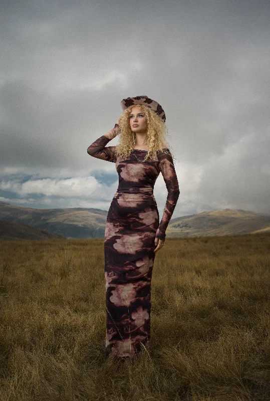 Madden Girl Patterned Mesh Maxi Dress Cozy Ruffle Sleeve Maxi Dress