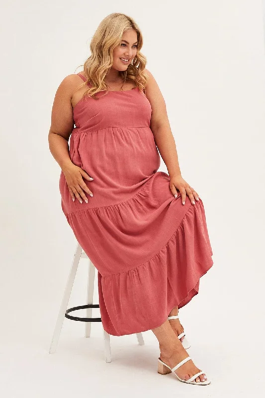 Brown Maxi Dress Sleeveless Tiered Linen Blend Stylish Pleated A-Line Maxi Dress