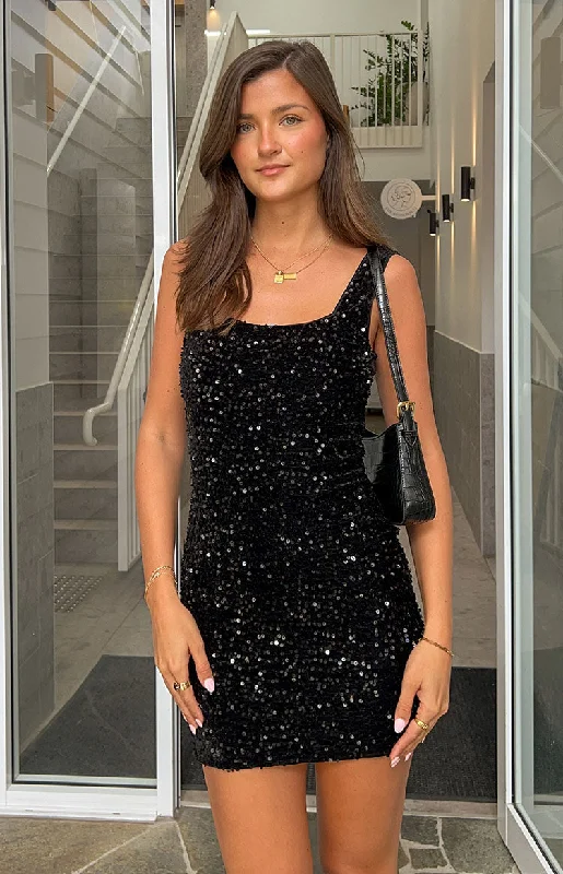 Charming Black Sequin Mini Dress Elegant Lace-Up Mini Dress