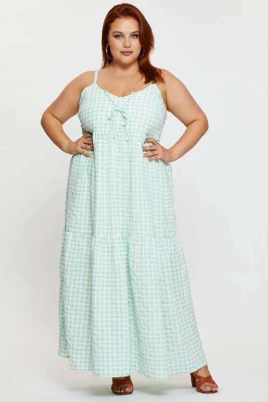 Check Maxi Dress V-neck Sleeveless Comfortable Fit-and-Flare Maxi Dress
