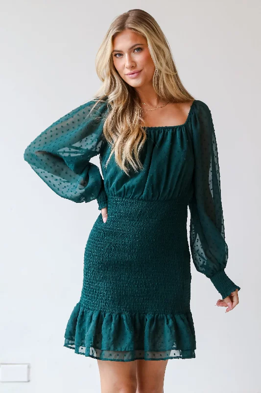 FINAL SALE - Dance The Night Away Hunter Green Smocked Swiss Dot Mini Dress Modern Satin Mini Dress FINAL SALE - Dance The Night Away Hunter Green Smocked Swiss Dot Mini Dress Modern Satin Mini Dress