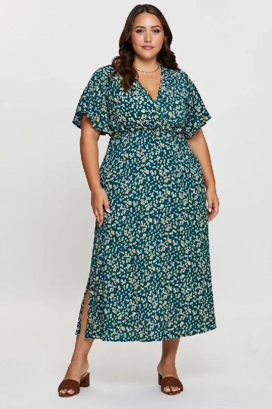 Ditsy Print Maxi Dress V-neck Comfortable Flowy Maxi Dress