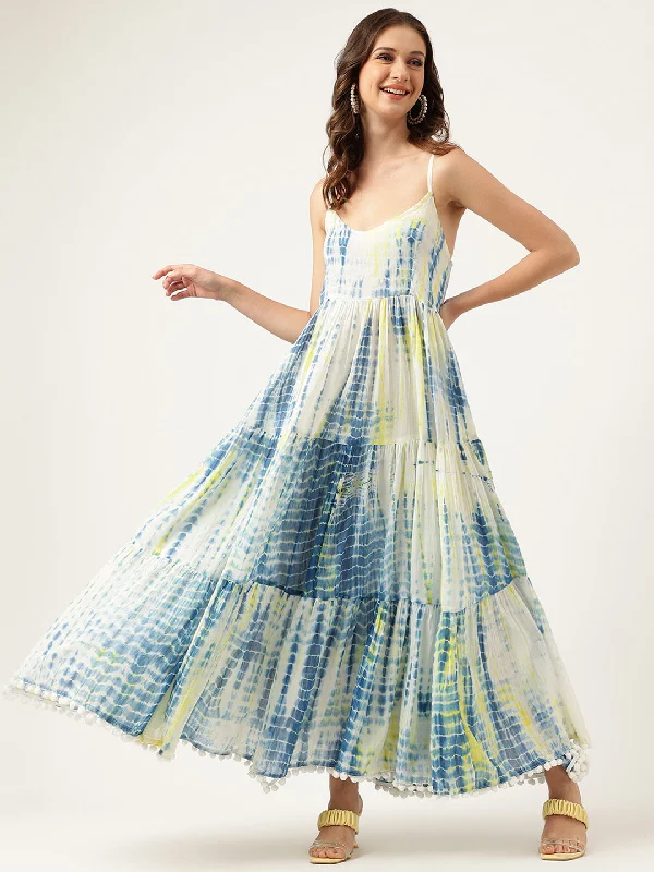Blue Tie and Dye Dyed with Pom-Pom Detail Maxi Dress Trendy Floral Print Maxi Dress