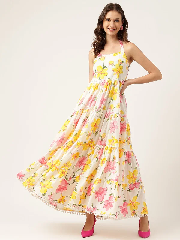 Floral Printed Halter Neck Cotton Casual Maxi Dress Stylish Maxi Dress with Frills