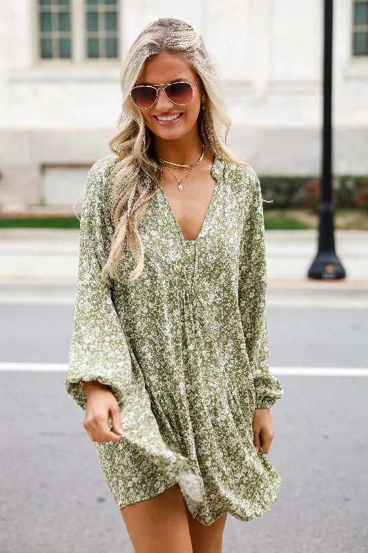 Endless Praise Light Olive Floral Mini Dress Stylish Puff Sleeve Mini Dress