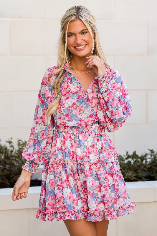 Finest Endeavor Pink Floral Mini Dress Trendy Crossover Mini Dress