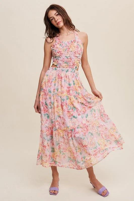 Floral Bubble Textured Maxi Dress Comfortable Fitted Maxi Dress