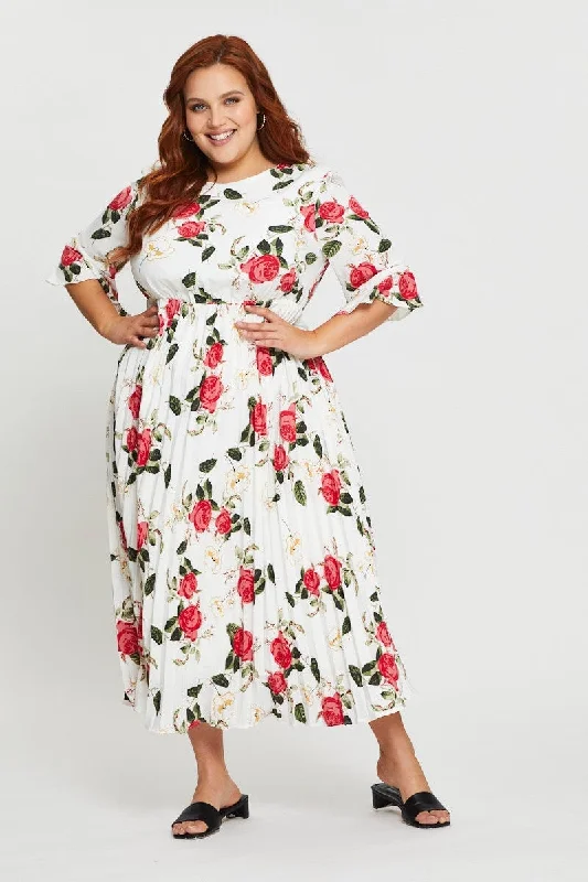 Floral Print Maxi Dress Round Neck Short Sleeve Classic Strapless Maxi Dress