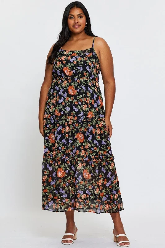 Floral Print Maxi Dress Square Neck Sleeveless Elegant Tiered Maxi Dress