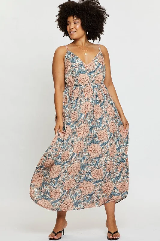 Floral Print Maxi Dress V-neck Sleeveless Elegant Maxi Dress with Lace