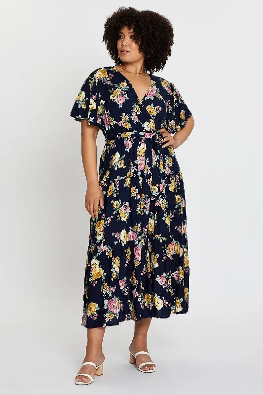 Floral Print Short Sleeve Tieredmaxi Dress Fashionable Open-Back Maxi Dress