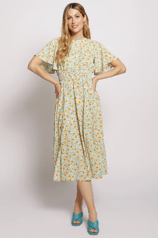 Floral Ruffle Sleeve Maxi Dress Comfortable T-Shirt Maxi Dress