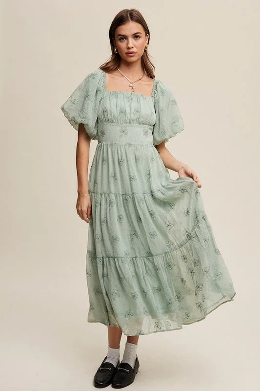 Flower Embroidered Puff Sleeve Tiered Maxi Dress Elegant Velvet Maxi Dress