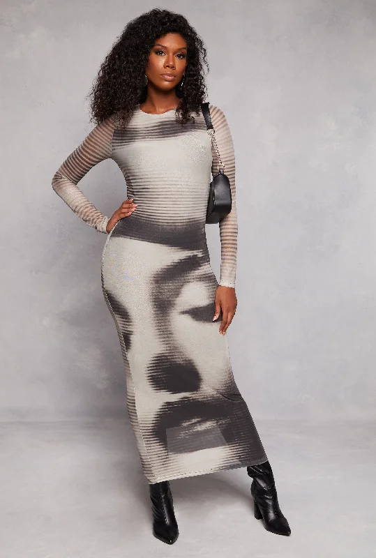 Almost Famous Mesh Striped Face Graphic Maxi Dress Elegant Wraparound Maxi Dress