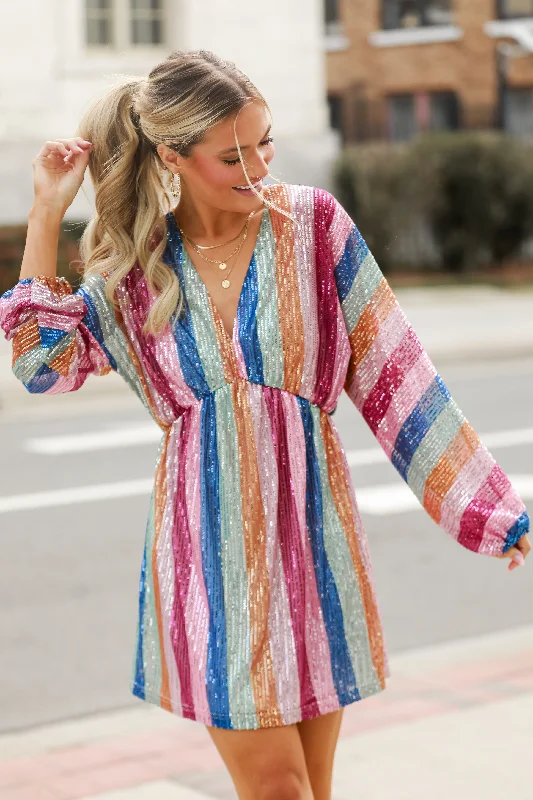 FINAL SALE - Greatest Sparkle Striped Sequin Mini Dress Casual V-Neck Mini Dress