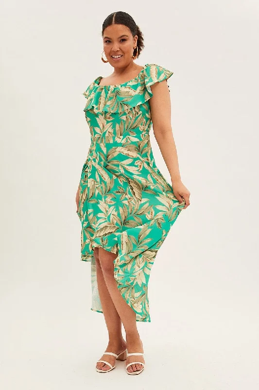 Green Floral Maxi Dress Off Shoulder Crepe Fashionable Asymmetrical Maxi Dress