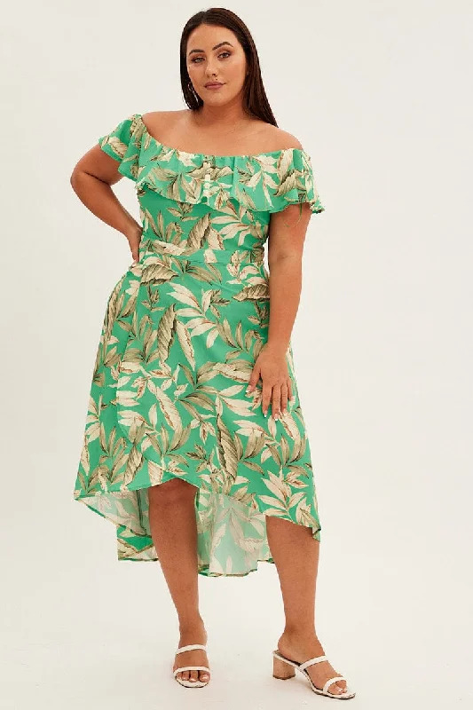 Green Floral Maxi Dress Off Shoulder Crepe Stylish V-Neck Maxi Dress