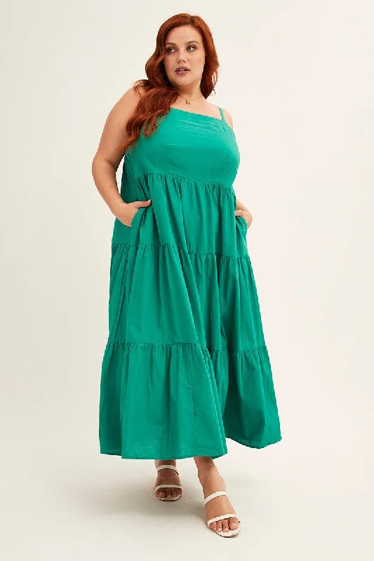 Green Sleeveless Cotton Maxi Dress With Pockets Trendy Maxi Dress with Belt