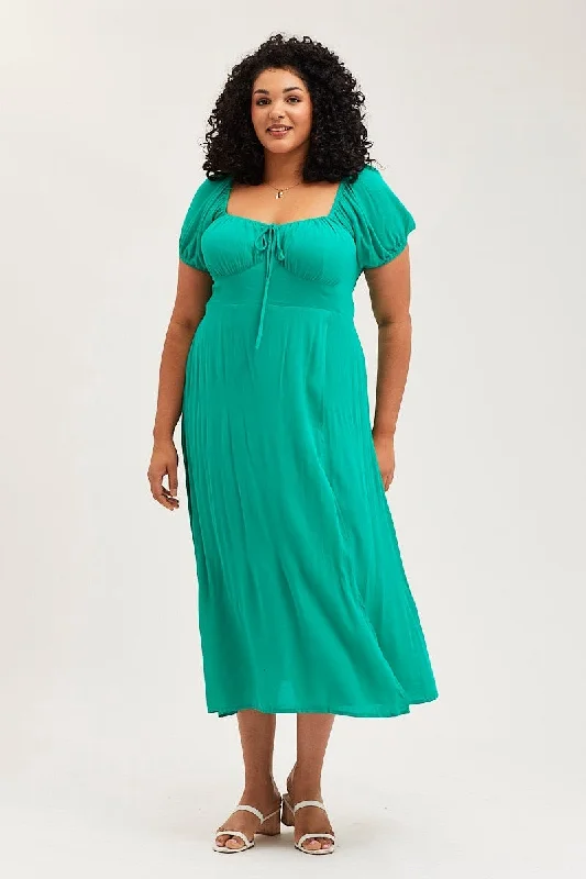 Green Maxi Dress Scoop Neck Short Sleeve Front Split Cozy Spaghetti Strap Maxi Dress